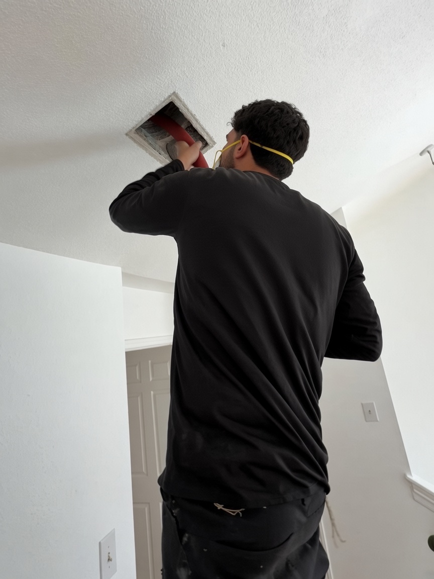 Technician feeding a cleaning hose into a ceiling air duct