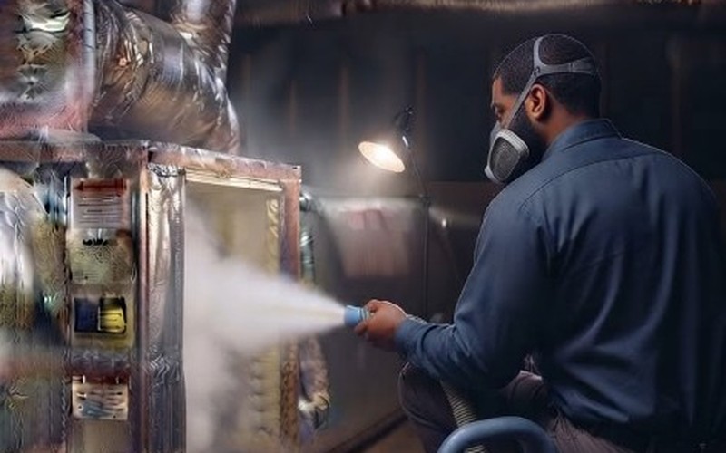 Technician in a navy shirt fogging an attic air handler