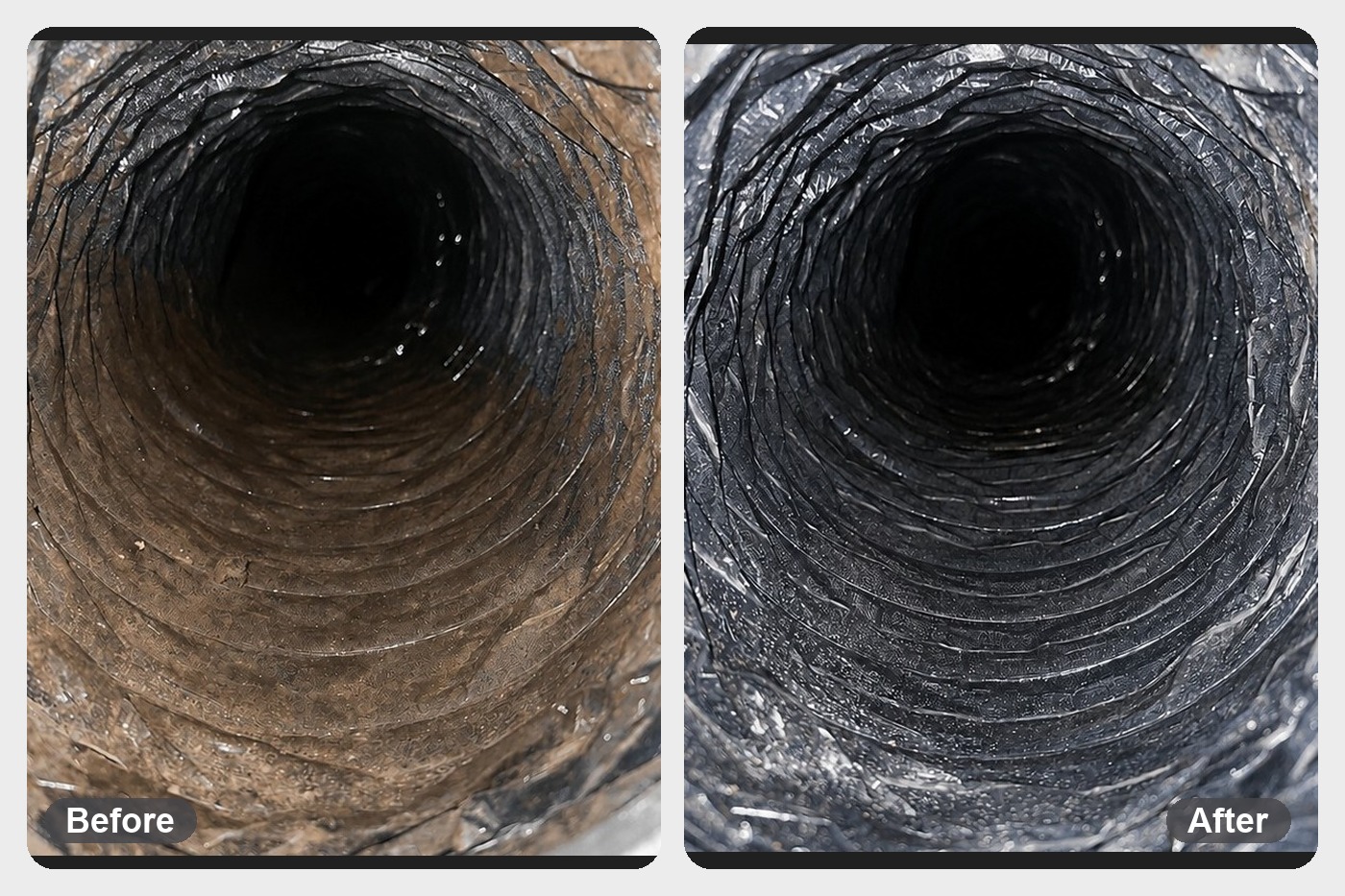Air duct interior before and after cleaning